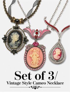 （Set of3）Black Pink Angel Lady Cameo Vintage Style Dangle Pendant Chain Necklace